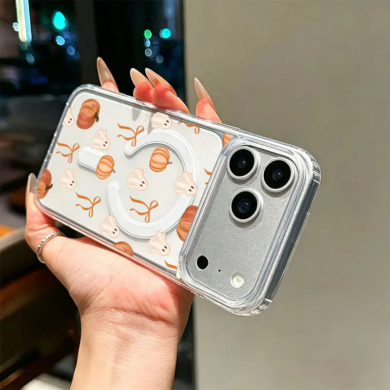 Ghost Pumpkin Orange Bow Watercolor Phone Case, Cute Fall Halloween Clear Case for iPhone 11–17, Pro, Pro Max, Plus & Air, Autumn Gift