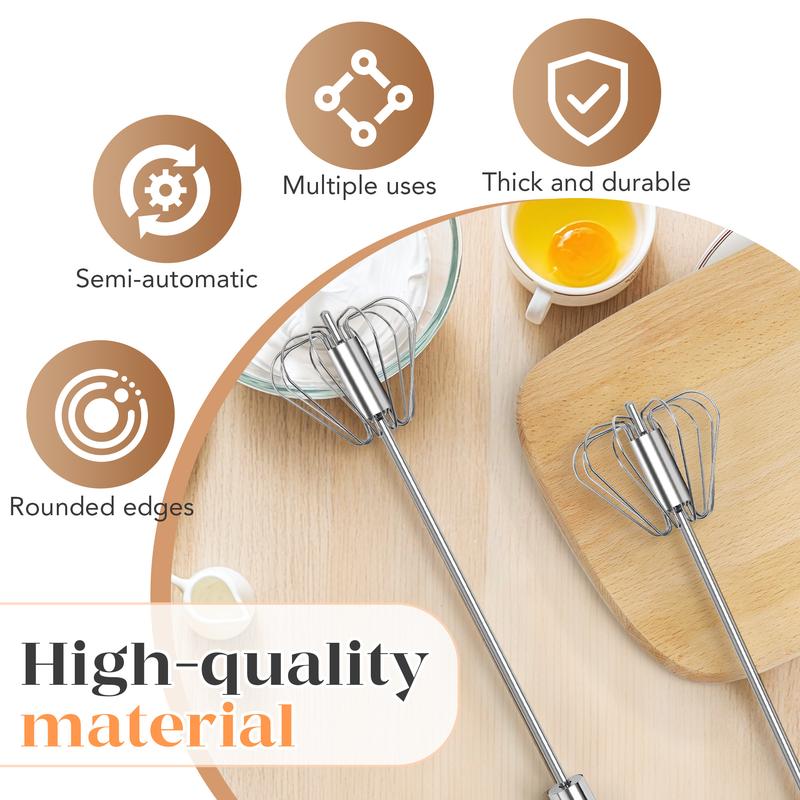 AA Food-Grade Stainless Steel Hand-Push Rotary Whisk, Rust-Resistant with Sturdy Riveted Construction, Semi-Automatic Kitchen Utensil for Coffee, Egg Whisking and Cooking Tasks, Easy to Clean Kitchen Cooking Accessories Kitchen Gadgets