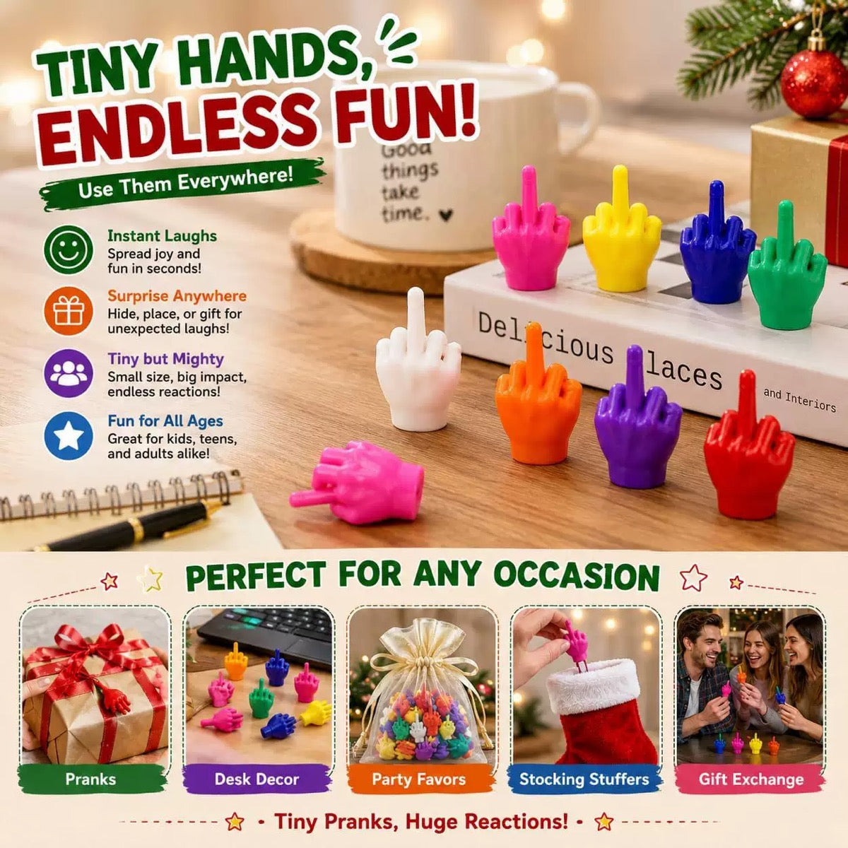 20-Pack 3D Printed Mini Middle Finger Hands, Random Color Funny Novelty Prank Toys, Tiny Gag Gifts for Desk Decor, Party Favors & Crafts