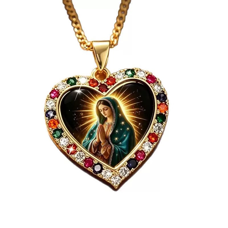Our Lady of Guadalupe Heart Pendant Necklace, Gold-Tone Virgin Mary Catholic Jewelry, Religious Gift for Women