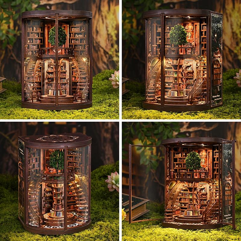 Wooden Bookshelf DIY Model Kit,Vintage Abstract Renaissance Style DIY Hut 3D Hand-Assembled Booklet Toy House,3D Puzzle Country Style Wooden Shelf Decoration with Acrylic Dust Cover,Miniature Dollhouse Kit, Victorian Style Wooden Dollhouse, Christmas Gift