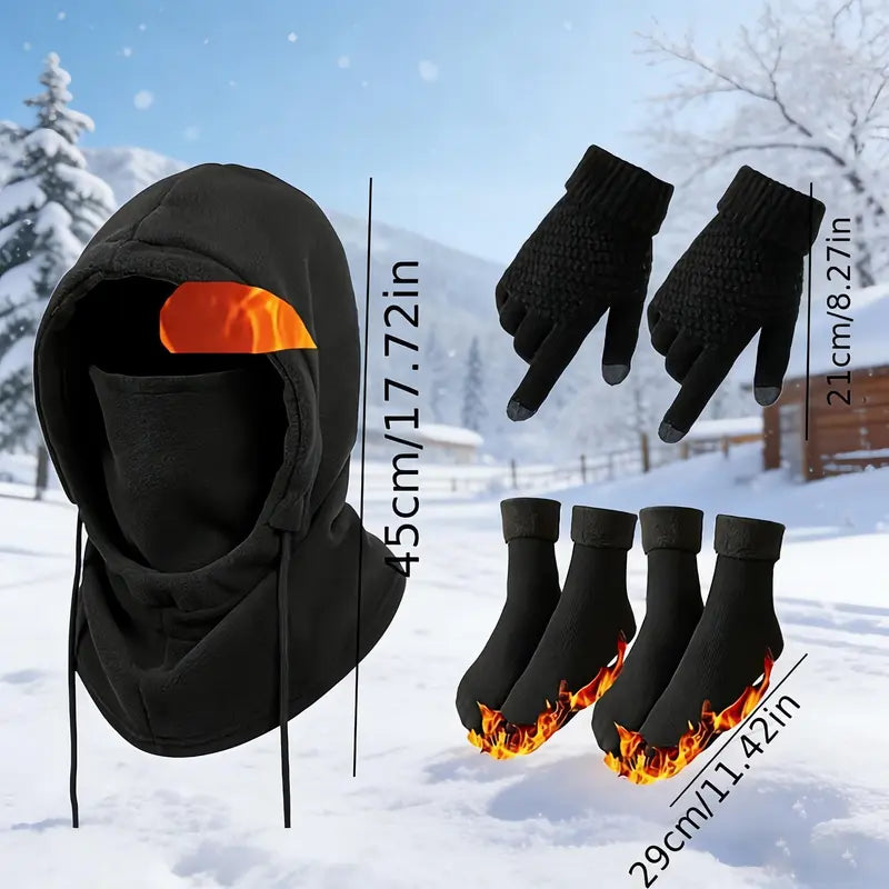 Unisex 2/3/4-Piece Winter Outdoor Set with Full Face Cover, Gloves & Thermal Socks, Warm Windproof Gear for Skiing, Cycling, Snowboarding & Cold Weather