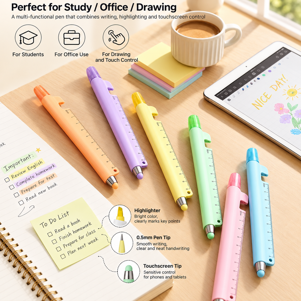 6-Pack 5-in-1 Highlighter Pen Set with Gel or Ballpoint Pen, 9cm Ruler, Touchscreen Stylus & Phone Stand for School, Office & Study