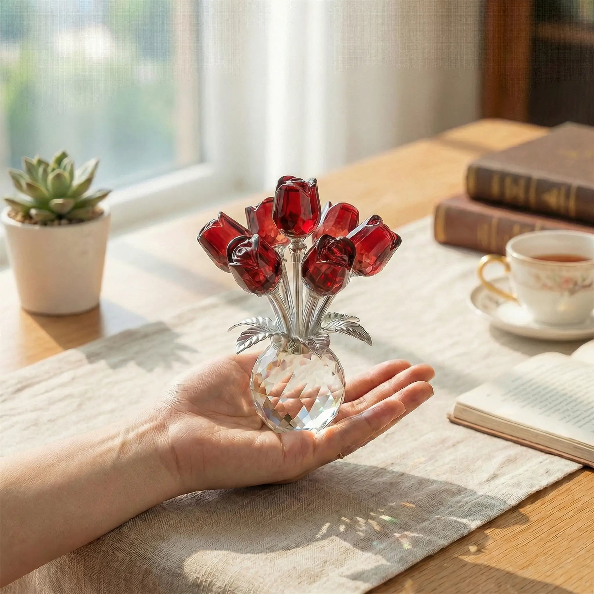 Handcrafted K9 Crystal Rose Bouquet Figurine - Eternal Gift for Her
