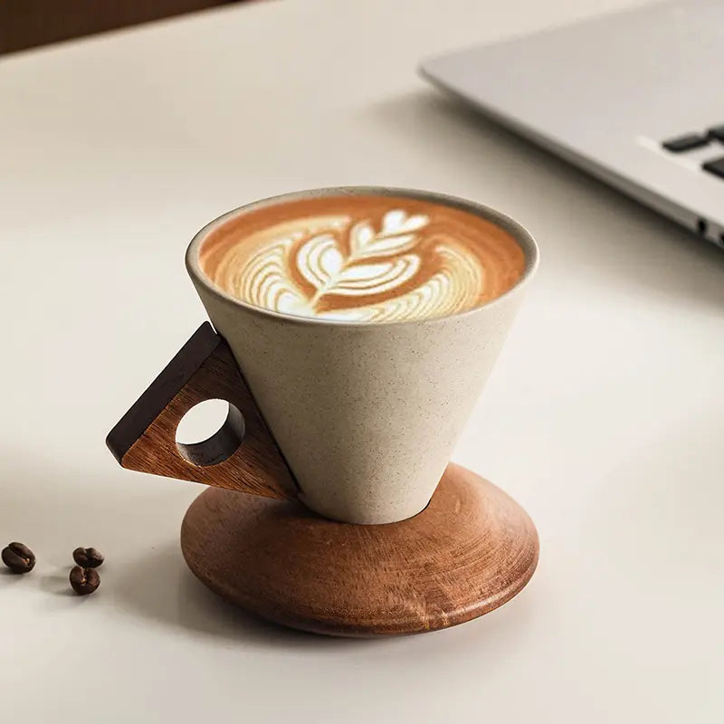Wabisabi Conical Ceramic Coffee Cup with Acacia Wood Base