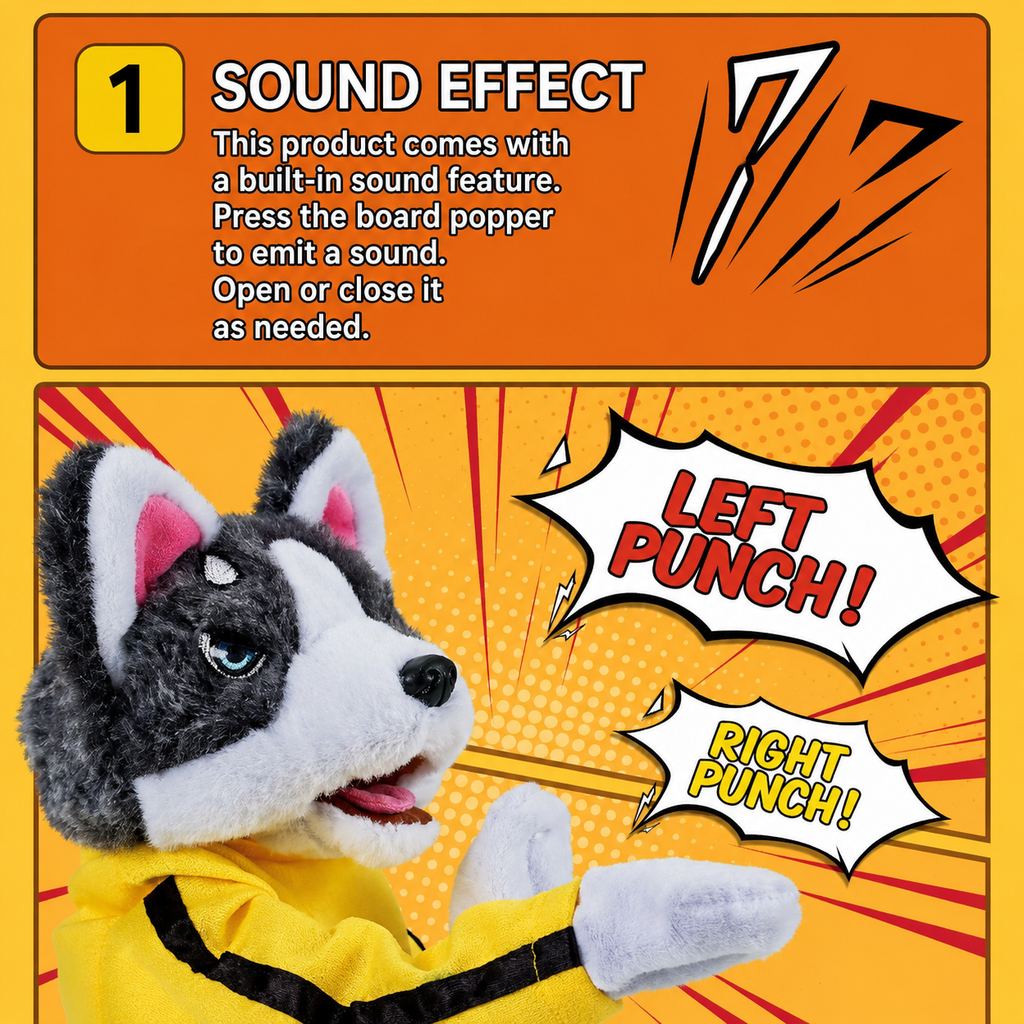 Kung Fu Husky Hand Puppet, Interactive Plush Boxing Dog Toy with Punching Action and Sound Effects, Funny Gift for Kids
