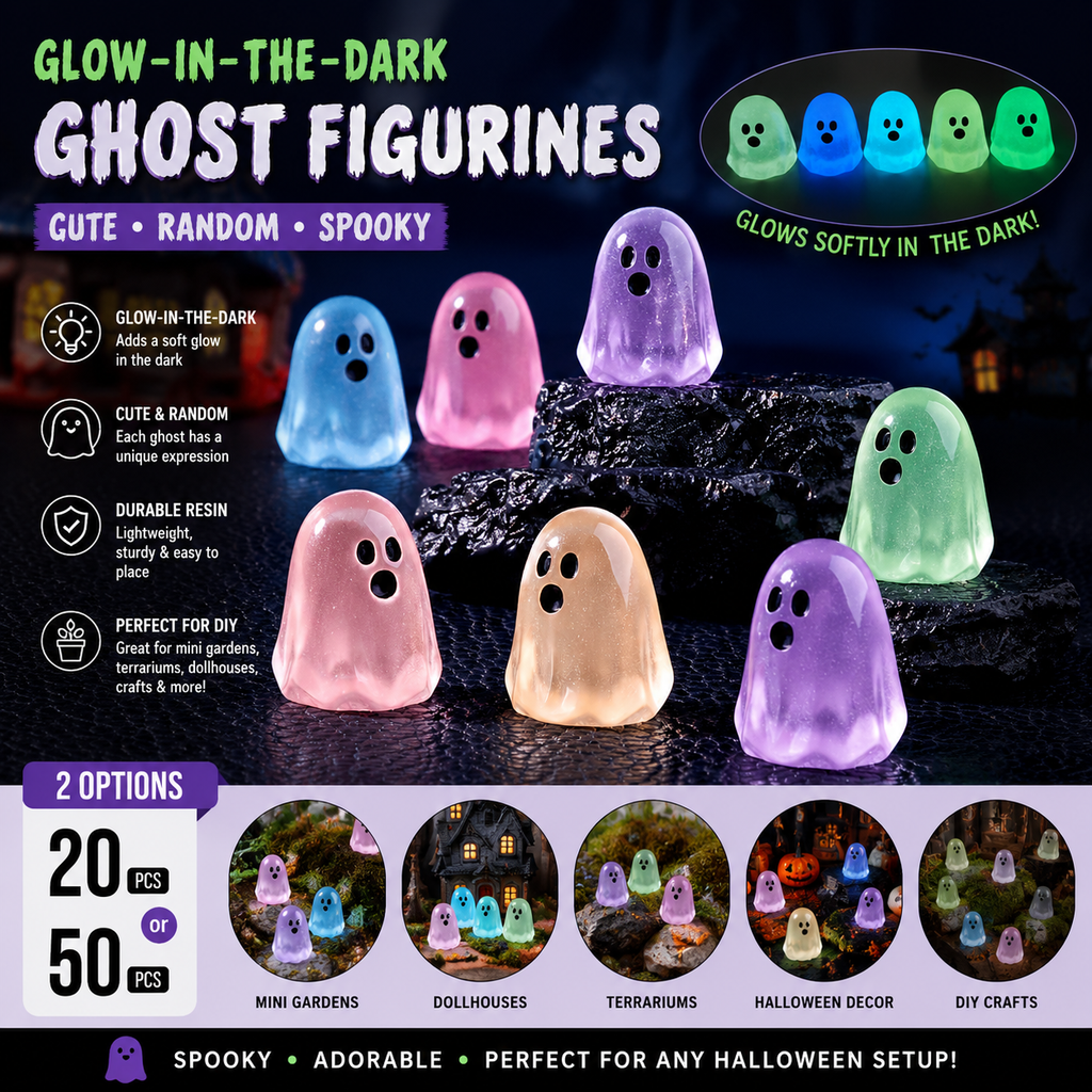Random Glow-in-the-Dark Mini Ghost Figurines, Cute Halloween Resin Decorations for DIY Crafts & Micro Landscapes, 20/50PCS