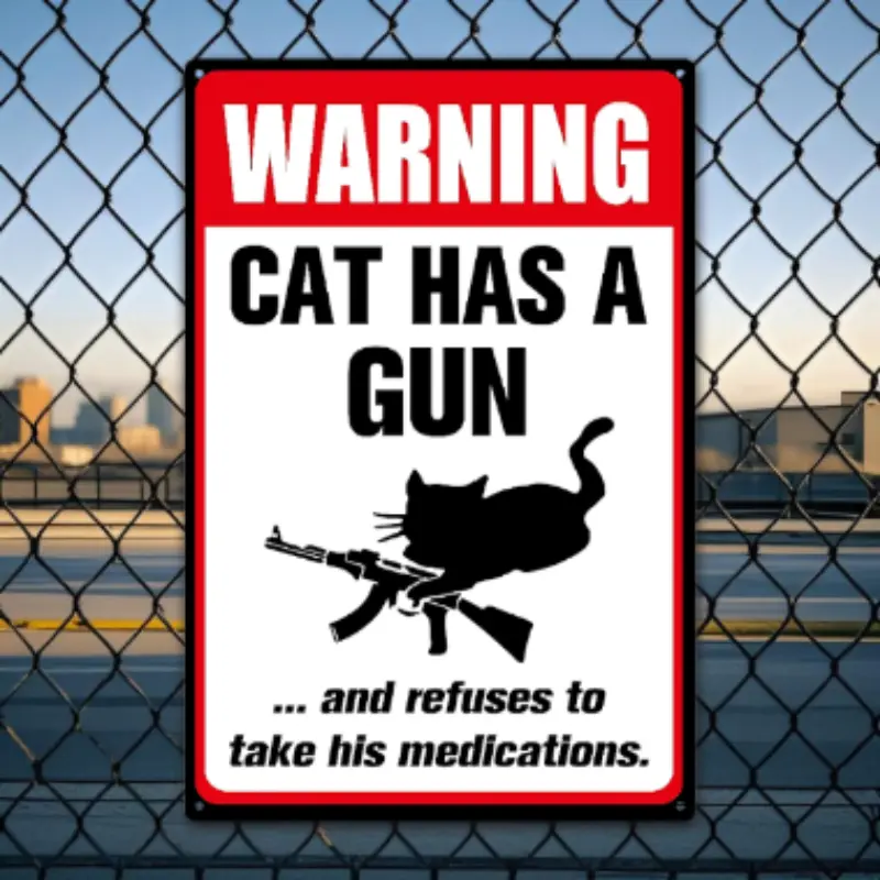 Funny "Cat & Dog Has a Gun & Won't Take Meds" Aluminum Sign| 8x12 Inch Humorous Warning Decor for Home & Yard| Vintage Metal Wall Art with Pre-Drilled Holes| Indoor/Outdoor Ready, Easy to Hang
