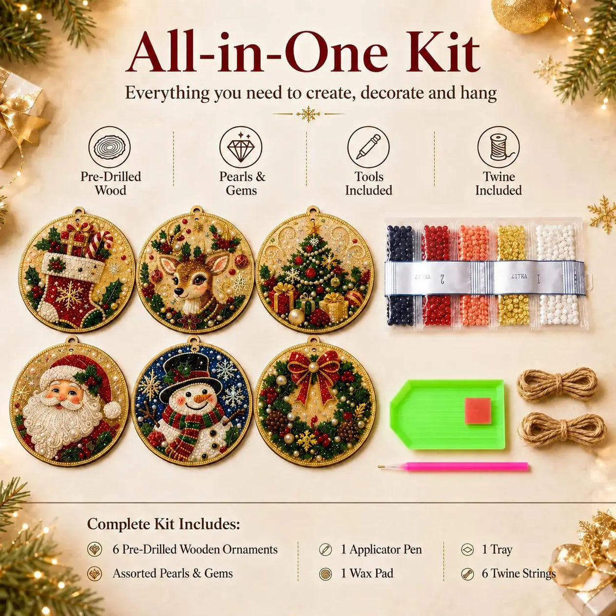 6Pcs Christmas DIY Diamond Painting Ornaments Kit, Wooden Xmas Tree Hanging Decorations with Rhinestones, DIY Holiday Craft Gift