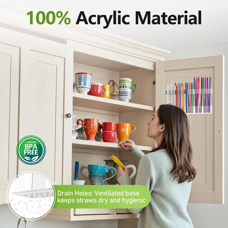 Transparent Acrylic Straw Organizer – Adjustable Large Holder with 60% Stronger Adhesive, BPA-Free Cabinet Door Storage for All Straw Types & Sizes