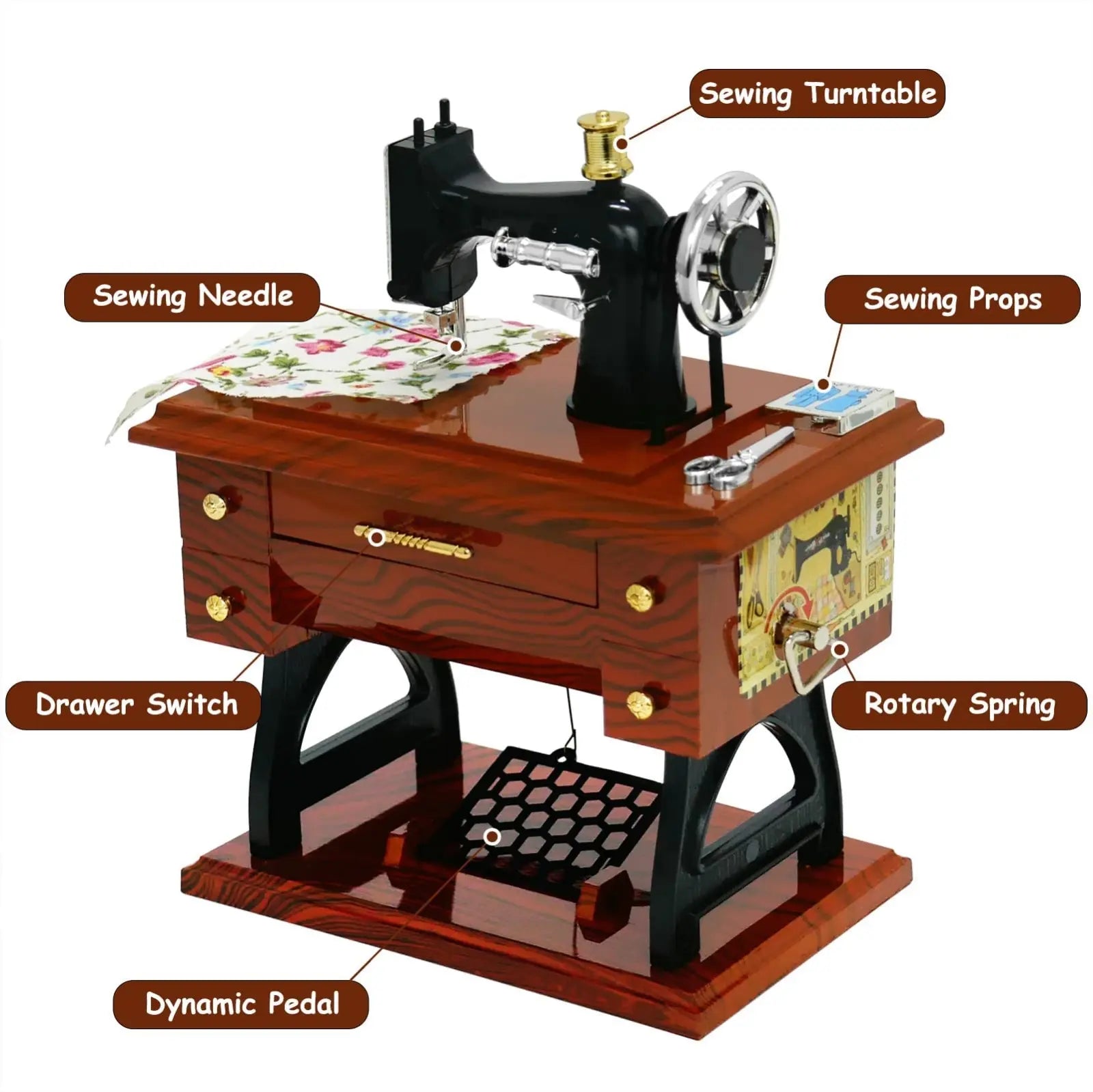 Vintage Mini Sewing Machine Music Box European Retro Classical Treadle Sewing Machine Table Desk Mechanical Clockwork Music Box for Home Decor Birthday Gift
