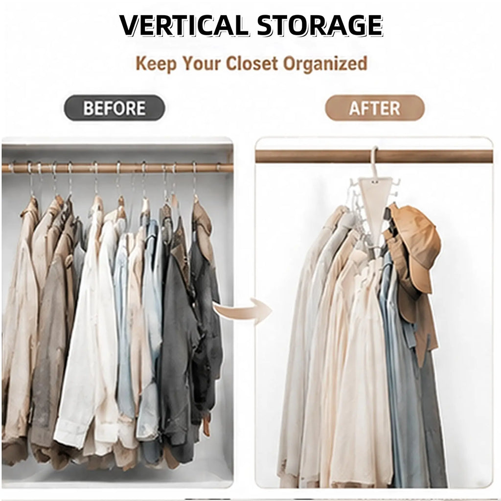 Before and after view of vertical closet storage with the organizer hanger