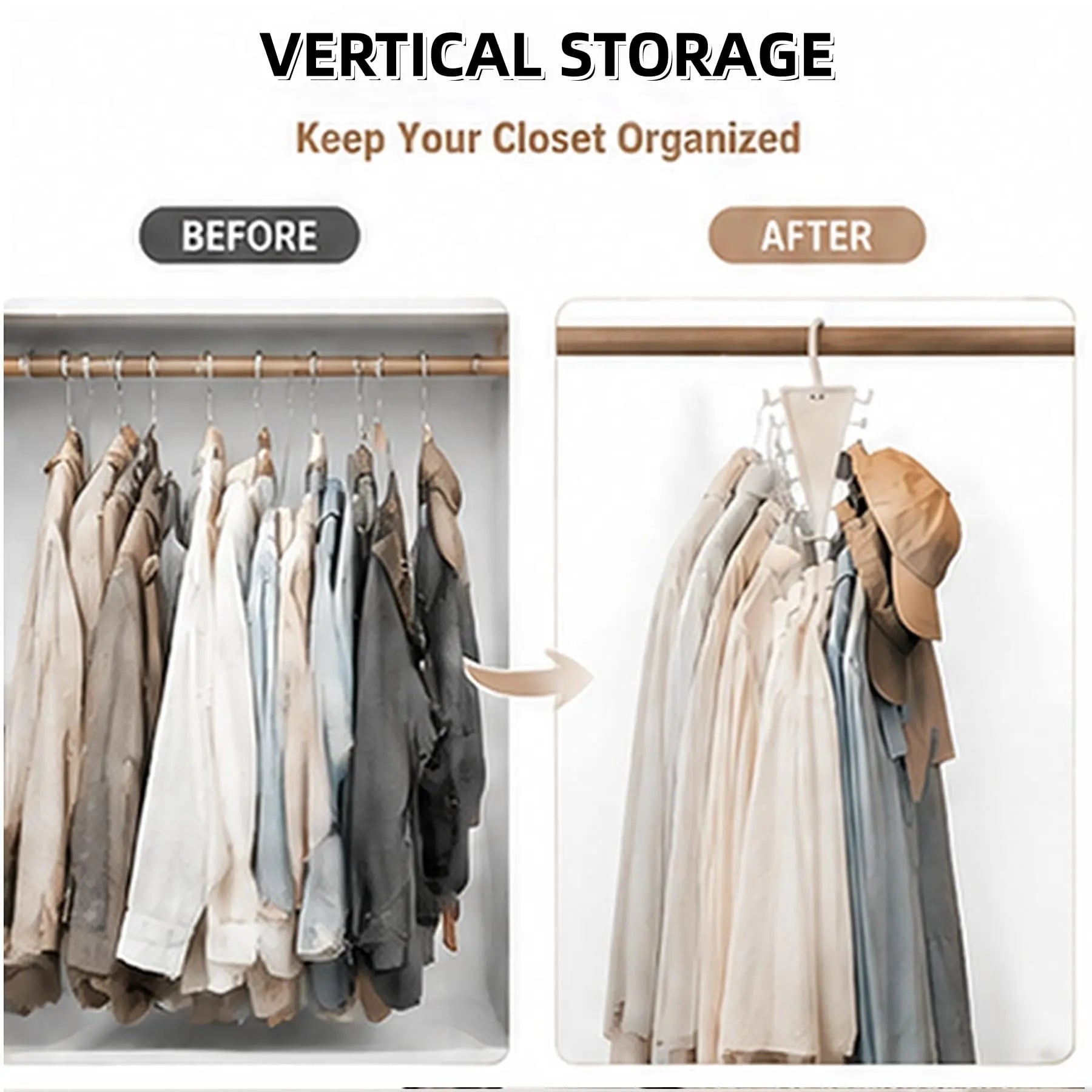 Before and after view of vertical closet storage with the organizer hanger