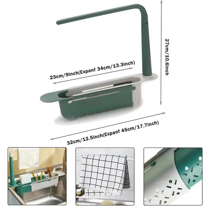 Adjustable Under-Sink Storage Rack, Thick PP Telescopic Organizer with Hanging Rod & Drain Holes for Kitchen Bathroom