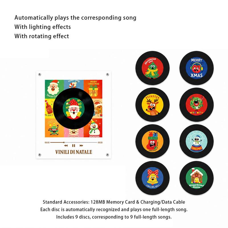 【Christmas Gift】Magnetic NFC Music Player with 9 Mini Vinyl Discs, Add Your Own Songs, Rotating Record Player with Light Effect, Unique Music Gift & Christmas Fridge Decor