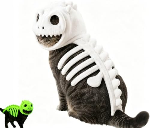 Dinosaur Skeleton Glow in Dark Cat Costume, Plush Halloween Pet Hood Outfit (S)