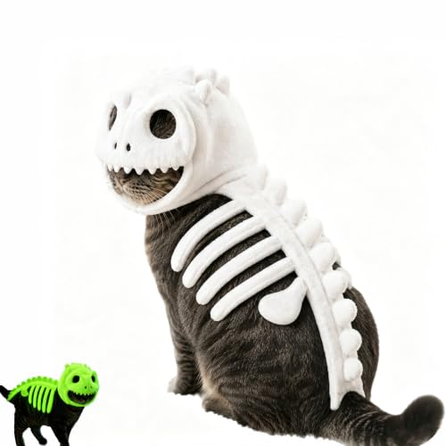 Dinosaur Skeleton Glow in Dark Cat Costume, Plush Halloween Pet Hood Outfit (S)
