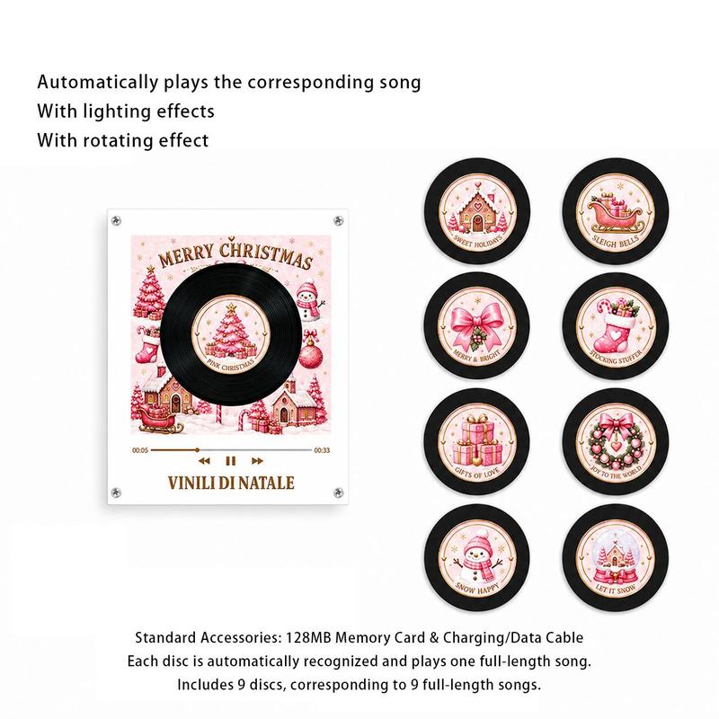 【Christmas Gift】Magnetic NFC Music Player with 9 Mini Vinyl Discs, Add Your Own Songs, Rotating Record Player with Light Effect, Unique Music Gift & Christmas Fridge Decor