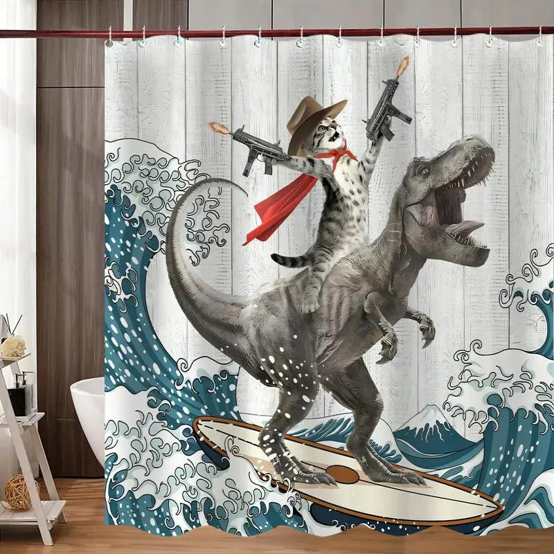 Dinosaur and Cat Pattern Removable Shower Curtain, Waterproof Bathroom Curtain with 12 Hooks