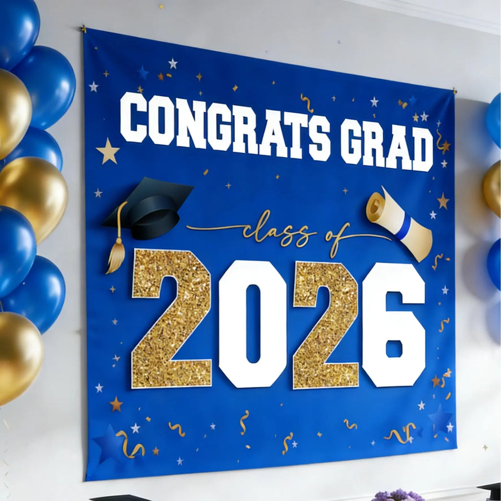 Class of 2026 Graduation Banner (47"x67") - Blue & Gold Congrats Grad Backdrop