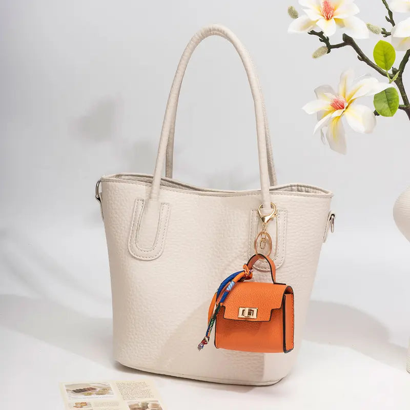 Mini Leather Bag Keychain with Colorful Strap