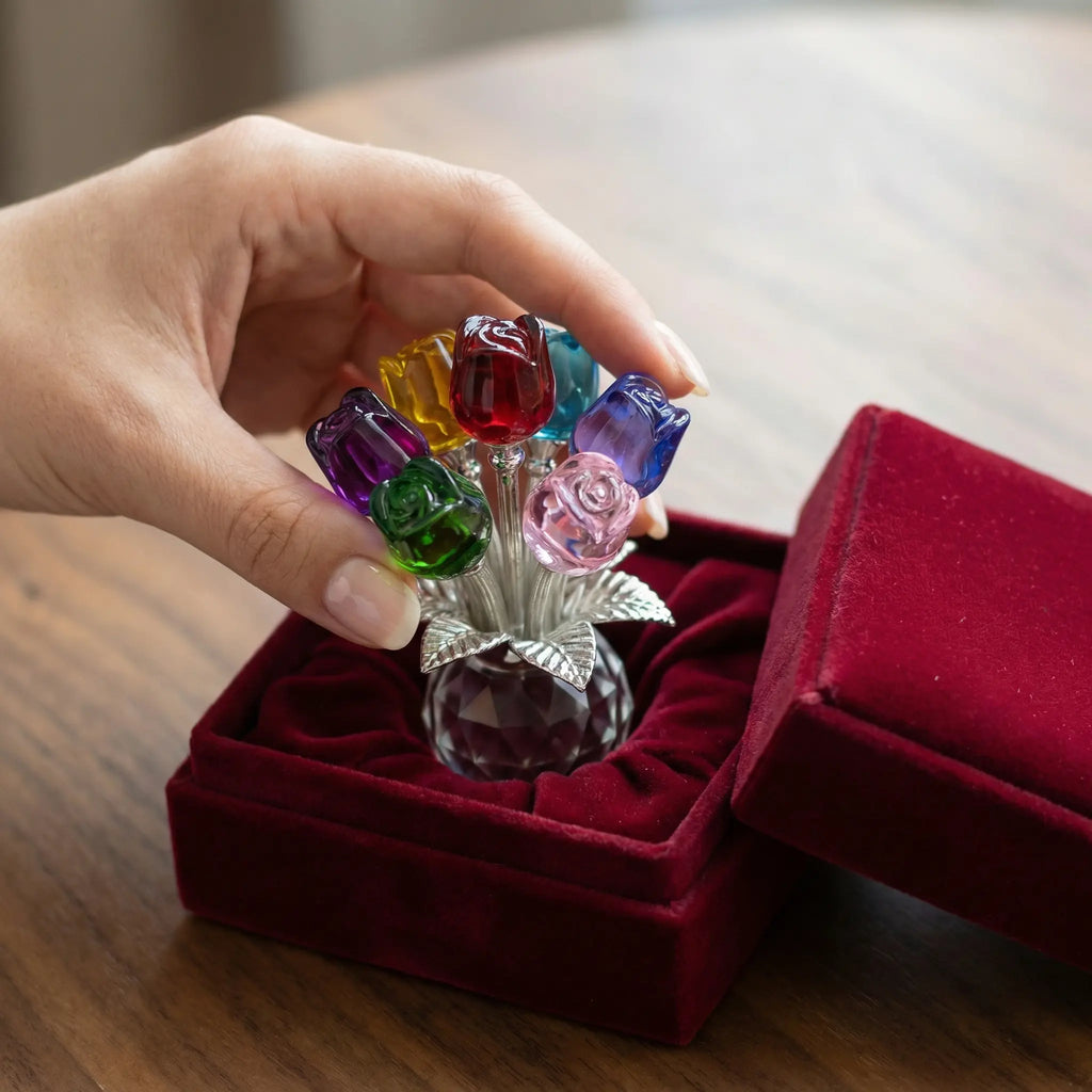Handcrafted K9 Crystal Rose Bouquet Figurine - Eternal Gift for Her