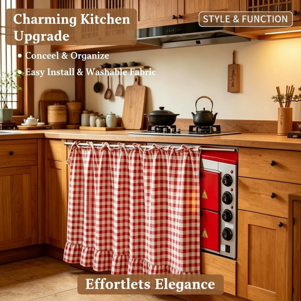 Cotton Linen Oven Skirt Curtain for Kitchen, Farmhouse Tie-Top Cabinet Curtain with Ruffles for Dishwasher, Sink & Stove Decor