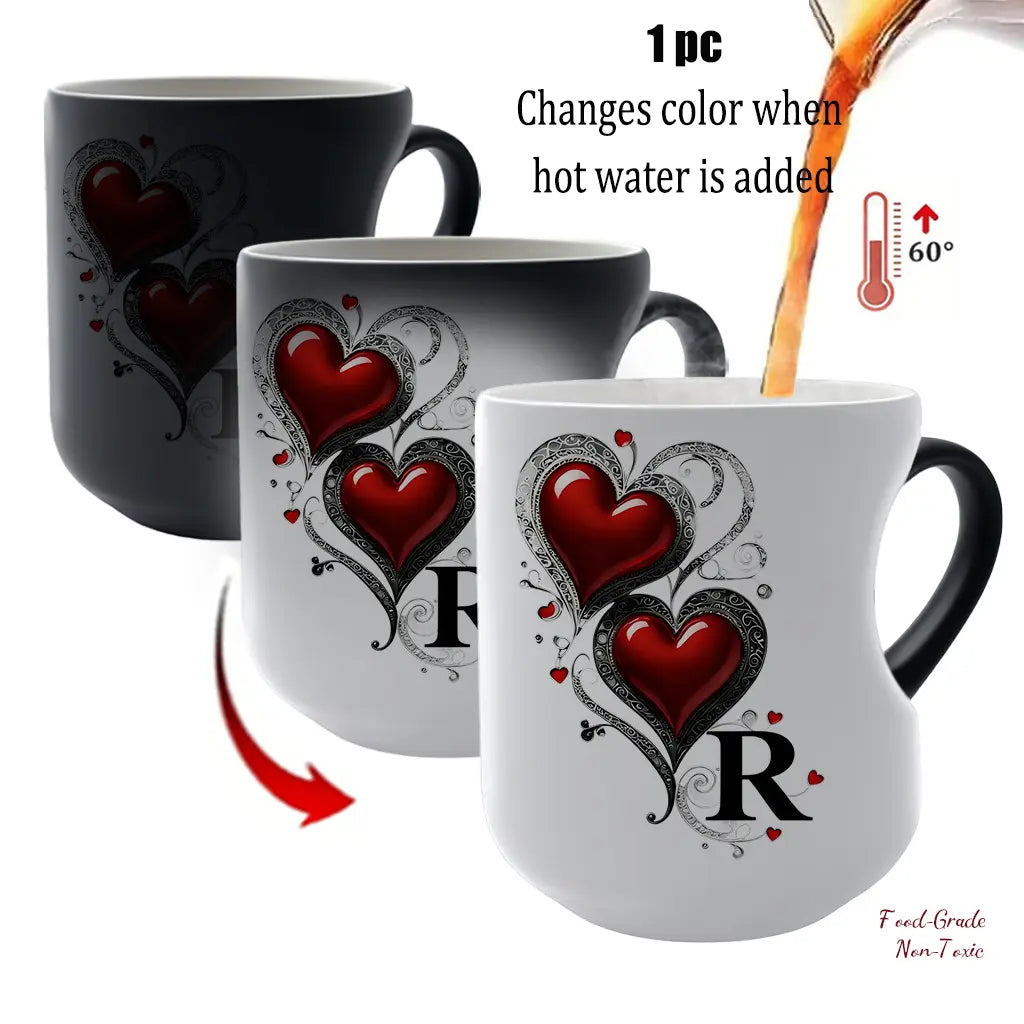 Personalized Heat-Changing Ceramic Mug, 11 oz Color-Changing Coffee Cup with A-Z Initial Letter & Heart-Shaped Handle, Custom Gift