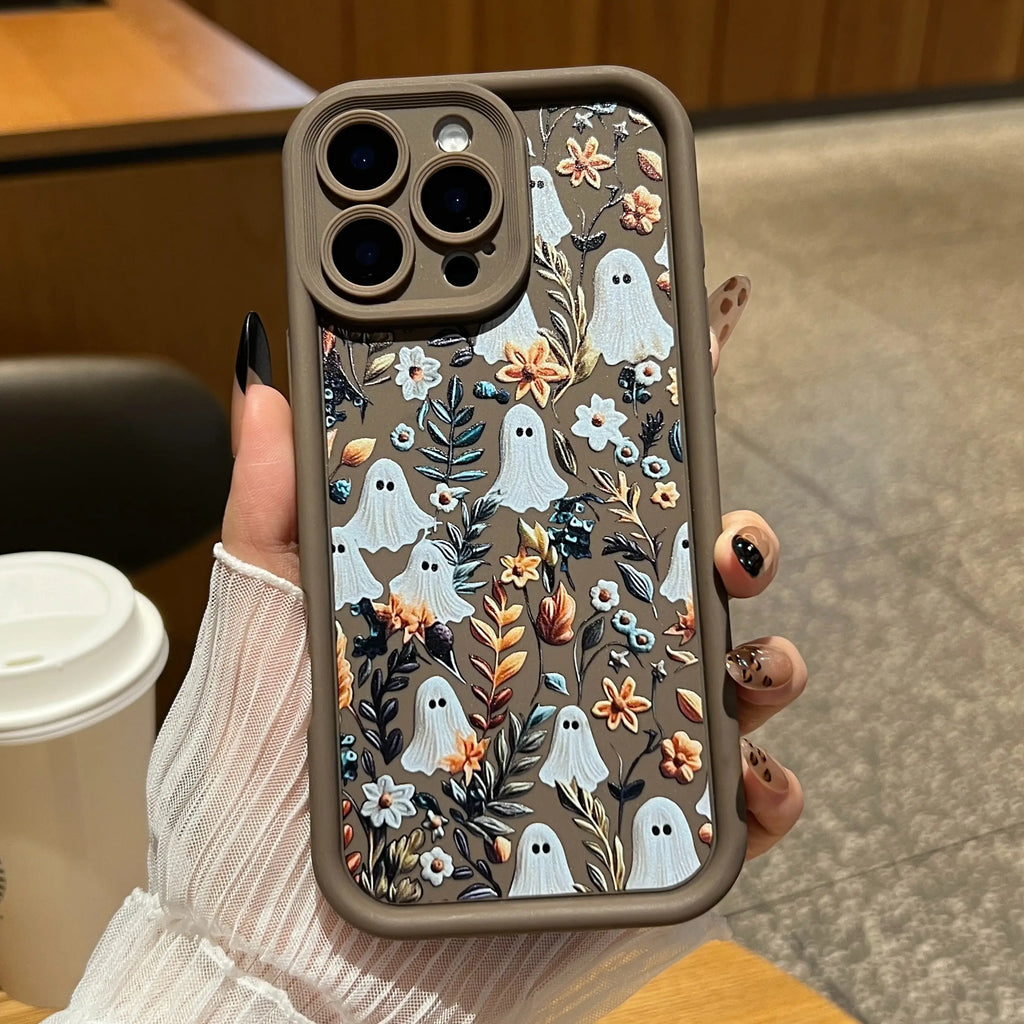 Halloween Cute Ghost Floral Phone Case for iPhone 17/16/15/14/13/12/11, Shockproof TPU Bumper with Durable Back Cover