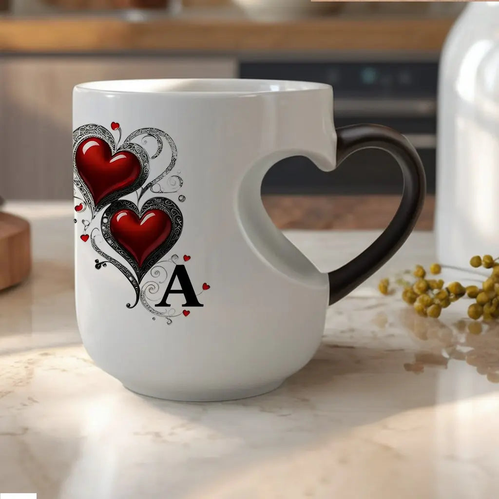 Personalized Heat-Changing Ceramic Mug, 11 oz Color-Changing Coffee Cup with A-Z Initial Letter & Heart-Shaped Handle, Custom Gift