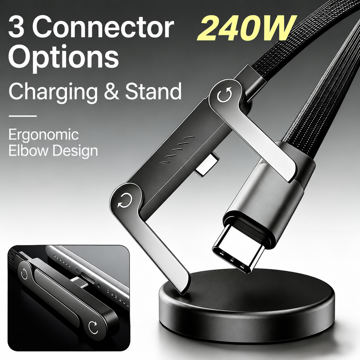 2-in-1 Fast Charging Cable with Hidden Phone Stand, Up to 240W Fast Charging, Foldable Adjustable Stand for Gaming, Office & Travel