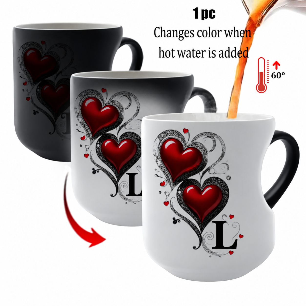 Personalized Heat-Changing Ceramic Mug, 11 oz Color-Changing Coffee Cup with A-Z Initial Letter & Heart-Shaped Handle, Custom Gift