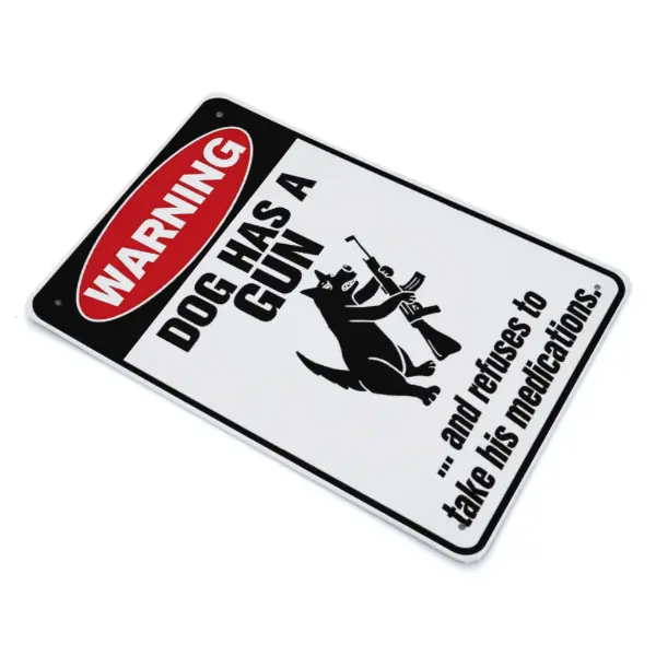 Funny "Cat & Dog Has a Gun & Won't Take Meds" Aluminum Sign| 8x12 Inch Humorous Warning Decor for Home & Yard| Vintage Metal Wall Art with Pre-Drilled Holes| Indoor/Outdoor Ready, Easy to Hang