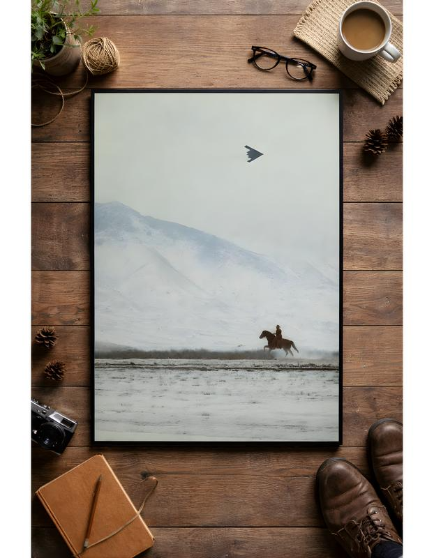 Cowboy on Horse and B2 Spirit Flying Satin Poster