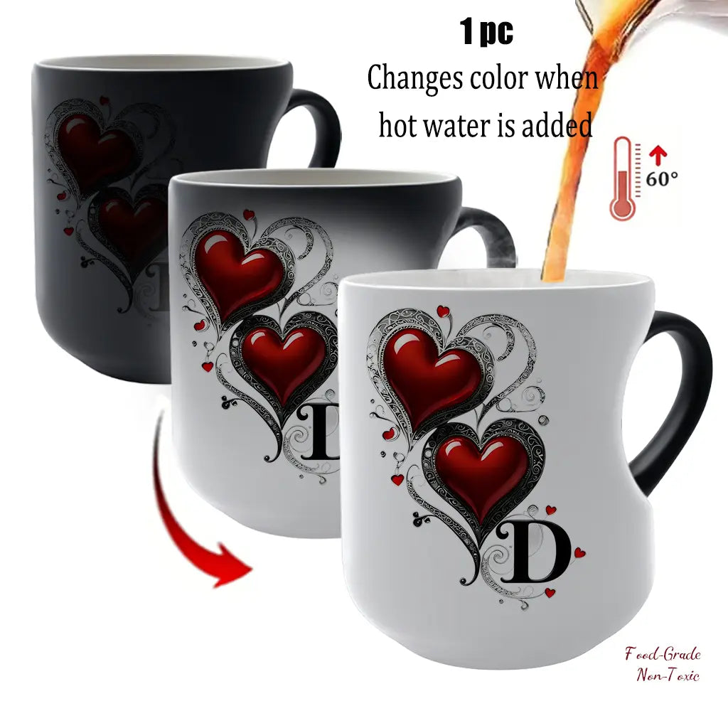 Personalized Heat-Changing Ceramic Mug, 11 oz Color-Changing Coffee Cup with A-Z Initial Letter & Heart-Shaped Handle, Custom Gift