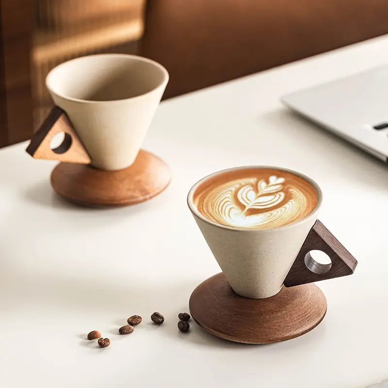 Wabisabi Conical Ceramic Coffee Cup with Acacia Wood Base