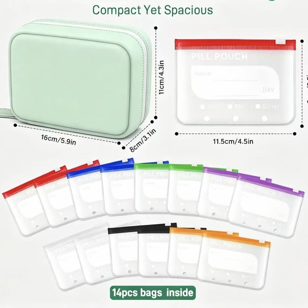 14-Piece Travel Pill Organizer, Reusable Waterproof Medication & Supplement Pouches with Labels, 2-Week Daily Pill Storage