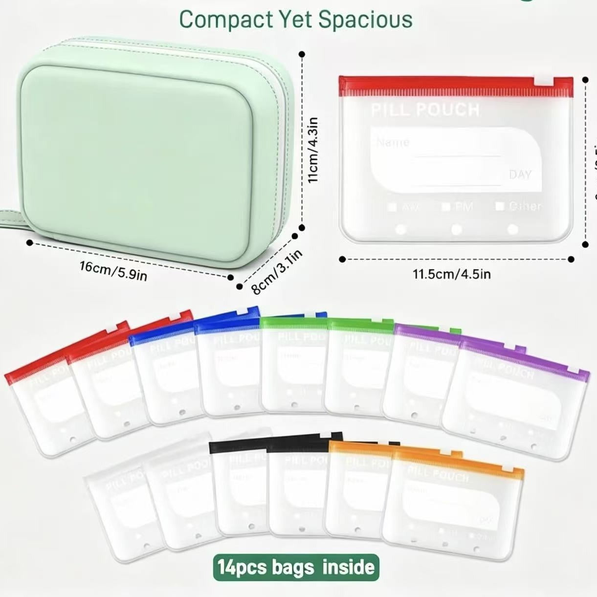 14-Piece Travel Pill Organizer, Reusable Waterproof Medication & Supplement Pouches with Labels, 2-Week Daily Pill Storage