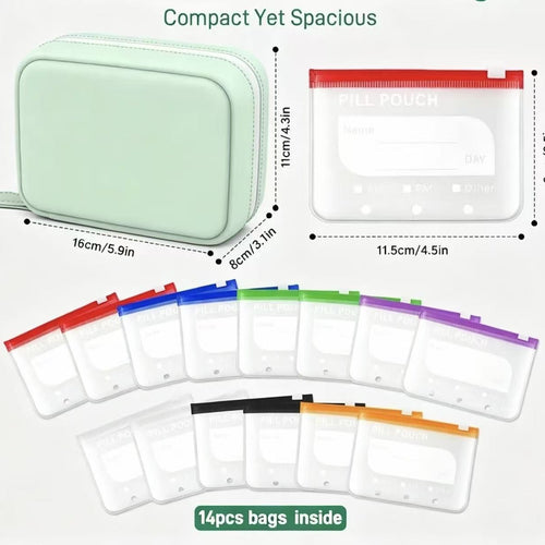 14-Piece Travel Pill Organizer, Reusable Waterproof Medication & Supplement Pouches with Labels, 2-Week Daily Pill Storage