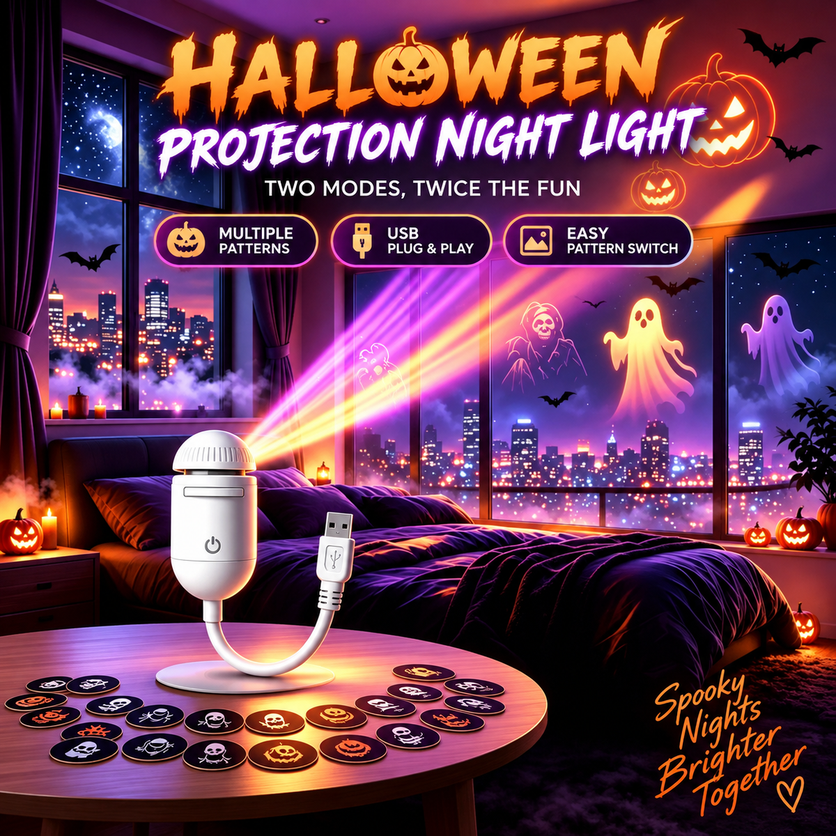 Halloween 2-in-1 Projection Night Light, 360° Adjustable USB Projector Lamp with Interchangeable Spooky Films, Touch Control for Bedroom, Party, Hallway & Parked Car Decor