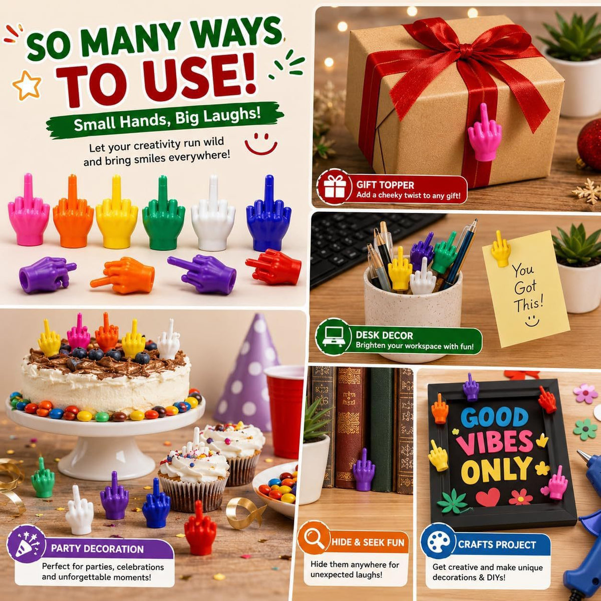 20-Pack 3D Printed Mini Middle Finger Hands, Random Color Funny Novelty Prank Toys, Tiny Gag Gifts for Desk Decor, Party Favors & Crafts