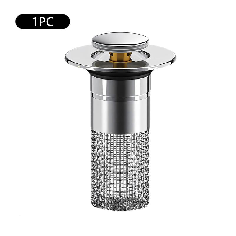 Sink Drain Filter with Stainless Steel Removable Basket, Pop-Up Drain Plug with Hair Collection Design, Bathroom Bathtub Drain Strainer for Preventing Blockages and Simplifying Maintenance