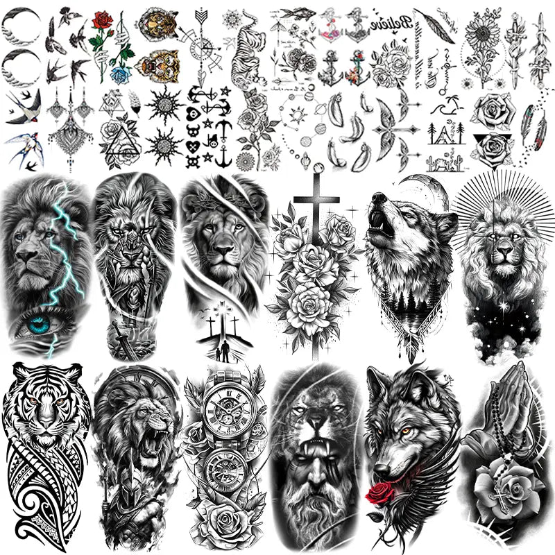 36 Sheets Realistic Temporary Tattoos - Large Half-Sleeve & Small Black Body Art