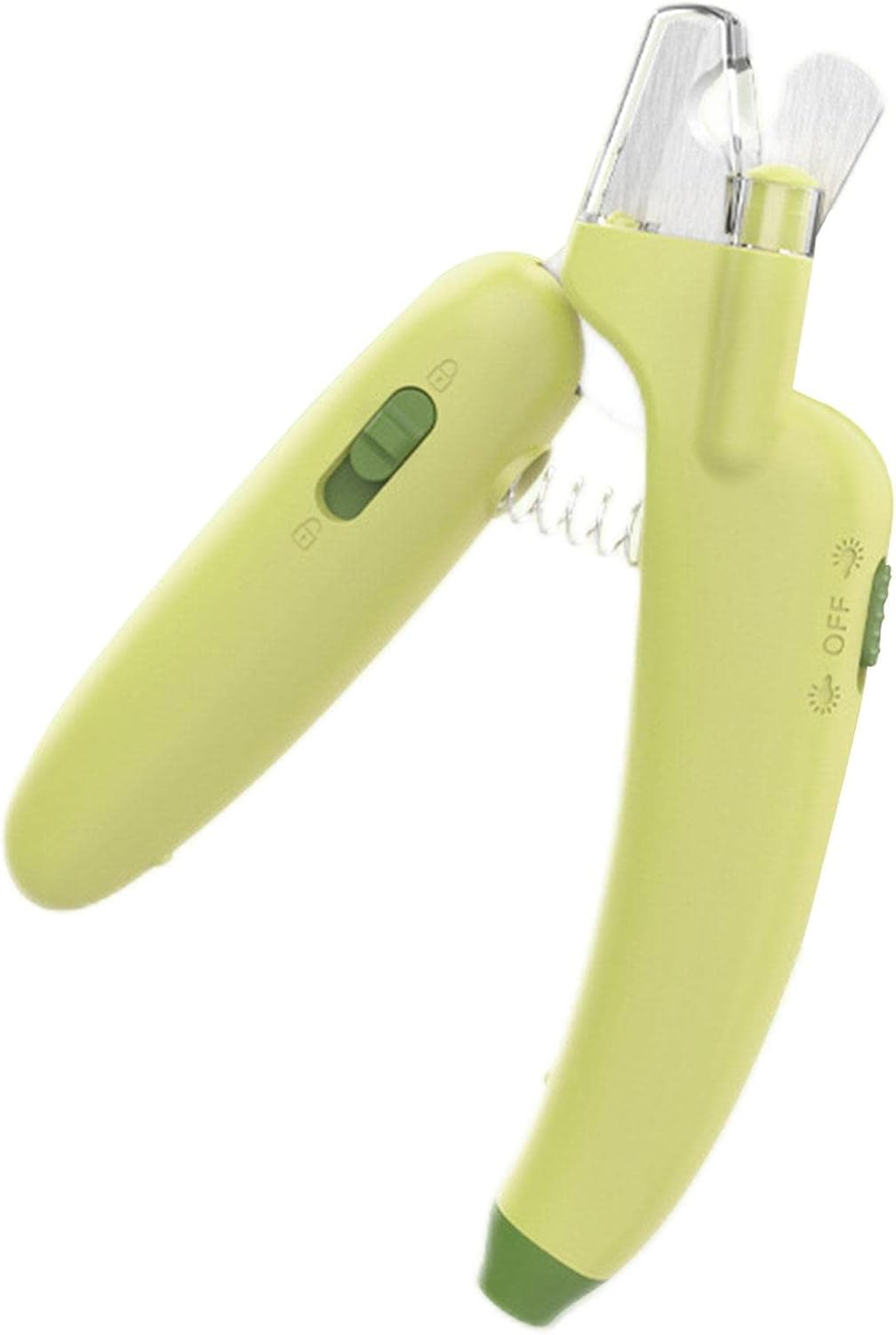 Dog nail clipper with UV LED light for safe trimming and protection against over-cutting. Cute pet claw trimmer and grooming tool for small animals such as dogs, cats, puppies, and kittens.