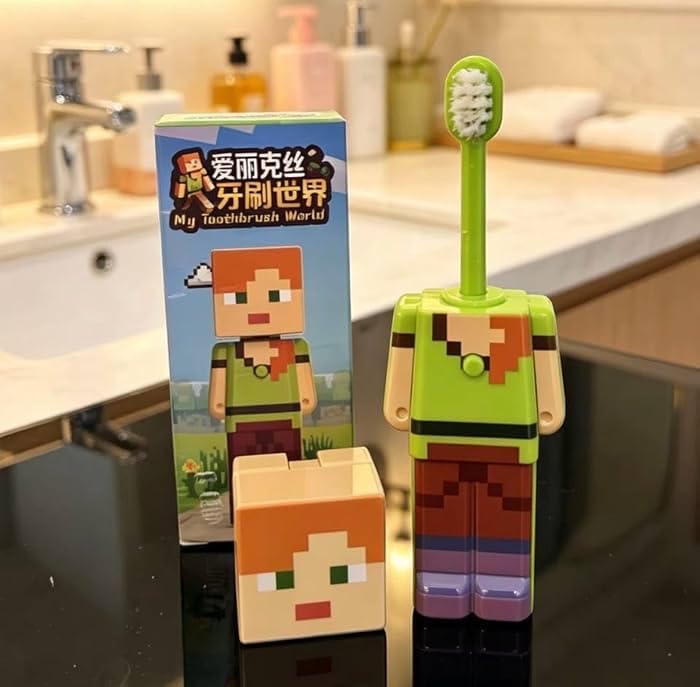 Kids Pixel Character Pop-Up Toothbrush with Cap | Ultra-Soft Travel Brush
