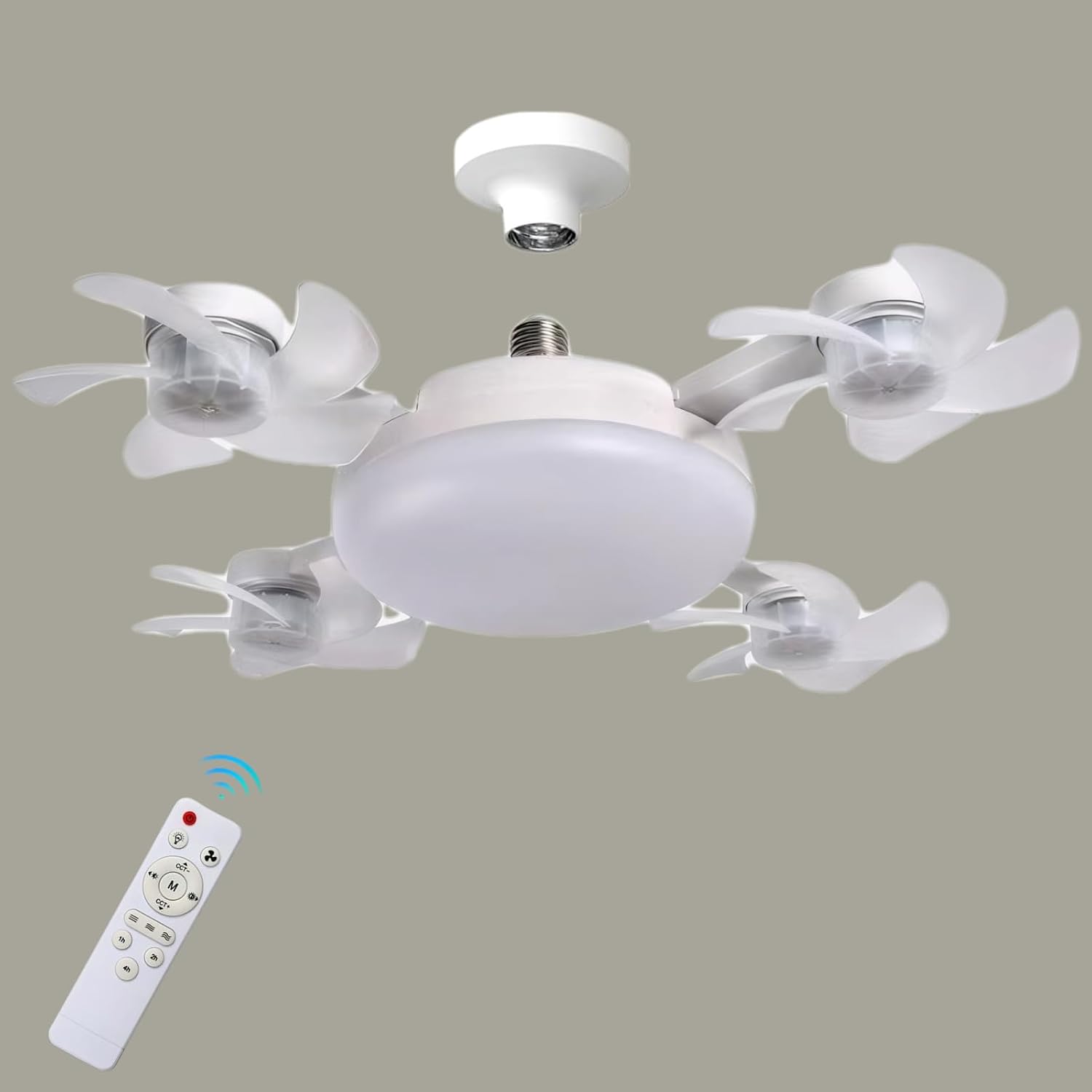 Socket Fan Light, Screw in Ceiling Fan with Remote Control 3 Color Dimmable LED Light Bulb 3-Speed Quiet Motor & Easy Screw-in Installation for Bedroom, Living Room, Office (4 Head)