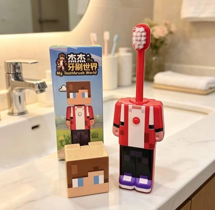 Kids Pixel Character Pop-Up Toothbrush with Cap | Ultra-Soft Travel Brush
