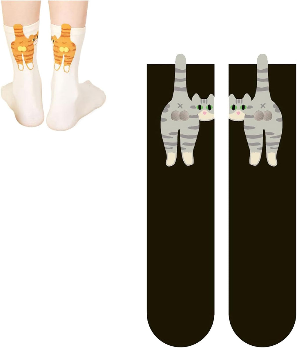 Cute Cat Butt Socks, Funny Animal Novelty Crew Socks, Novelty Cotton Sock for Women（2Pair）