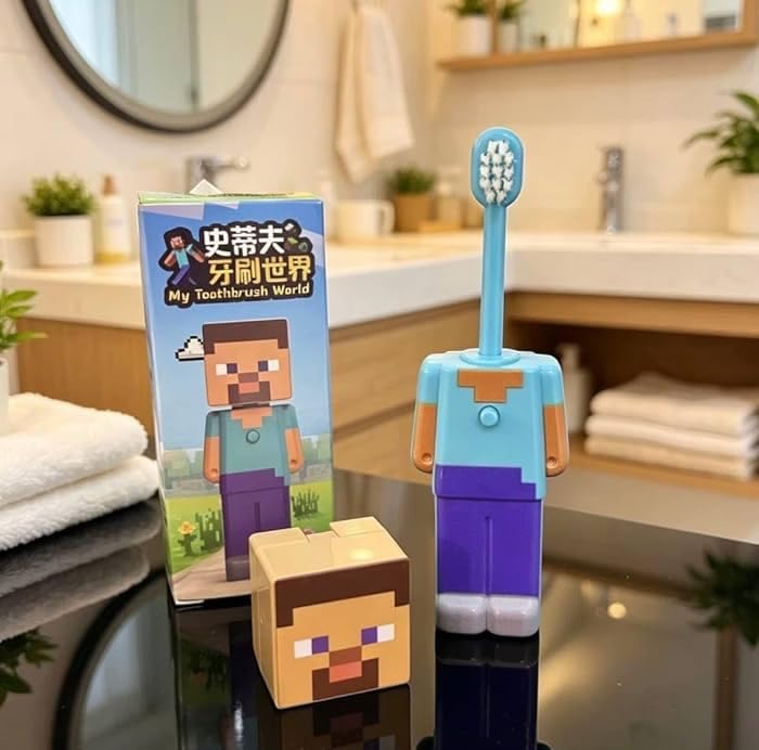 Kids Pixel Character Pop-Up Toothbrush with Cap | Ultra-Soft Travel Brush