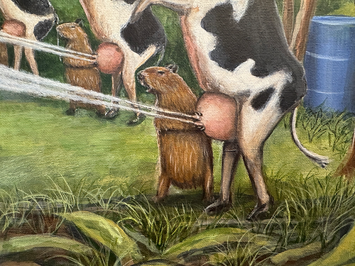 Capybara milking cows defend from hippo fart  ,”Hippo fart embellished canvas print.